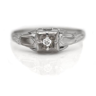 Dainty Diamond Engagement Ring with Filigree Engravings