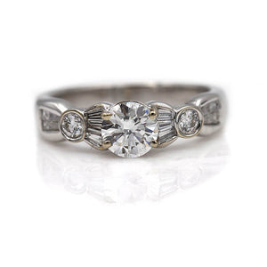 Unique Old European and Baguette Diamond Engagement Ring .74 Ct GIA F/SI2