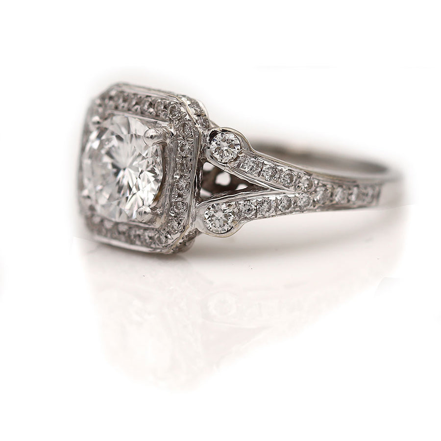 Contemporary Round Diamond Halo Vintage Engagement Ring GIA 1.52 CTW D/I1