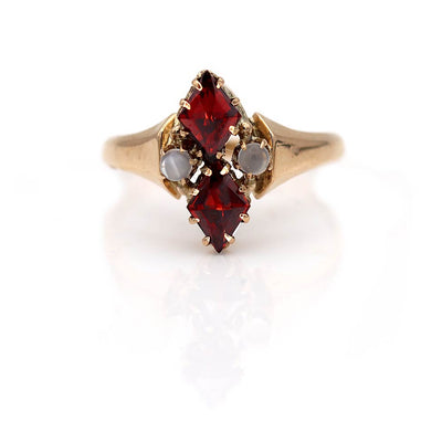 Twin Kite Shaped Garnet and Moonstone Engagement Ring