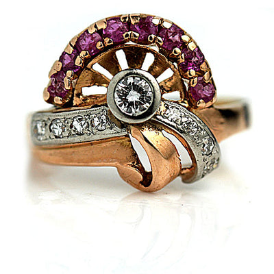 Ruby & Diamond Half Asymmetrical Engagement Ring - Vintage Diamond Ring