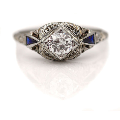Art Deco Old European Cut Diamond Engagement Ring with Sapphire Side Stones