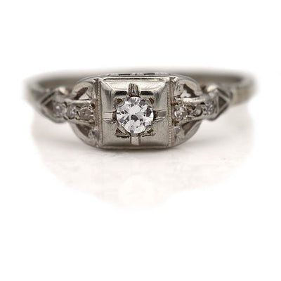 1930's Antique Old European Cut Diamond Engagement Ring 14K White Gold .20Ct G/SI2