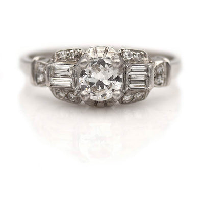 Vintage Transitional Cut Diamond Engagement Ring with Side Baguettes