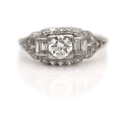 Vintage Engagement Ring Transitional Cut Diamond with Side Baguettes