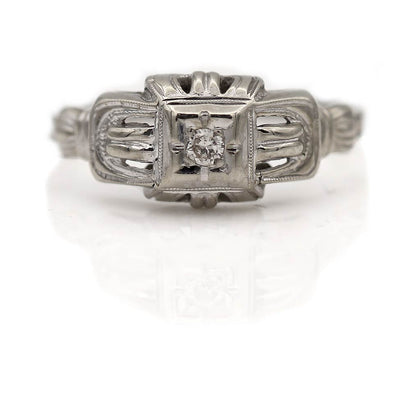 1930s Vintage Diamond Engagement Ring 18K White Gold .08ct F/VS2