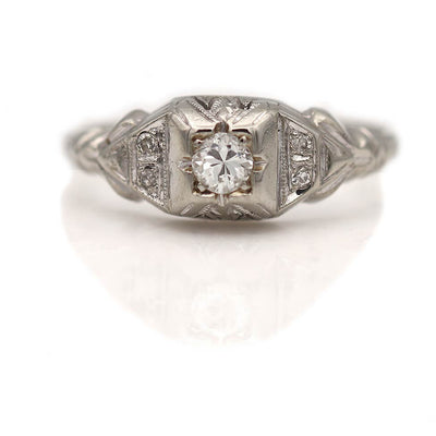 1940s Transitional Cut Diamond Engagement Ring 14K White Gold .15CT F-VS2
