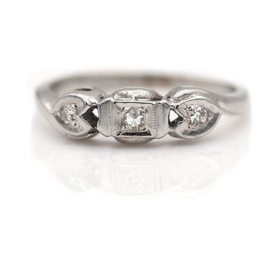 Vintage 3 Stone Diamond Wedding Ring with Heart Motif Size 5.5