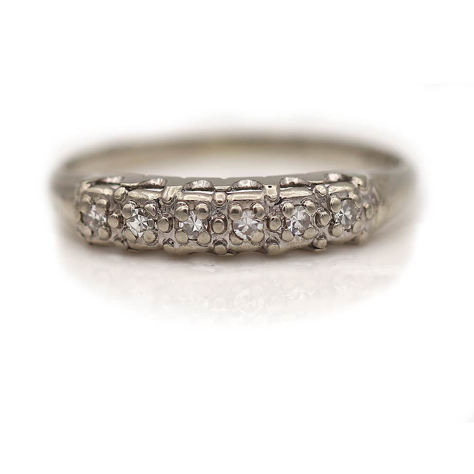 1950s Prong Set 14 Kt White Gold Diamond Wedding Band – Vintage Diamond Ring