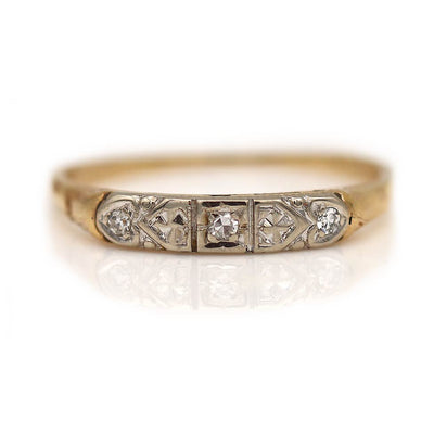 Delicate Vintage Two Tone Diamond Wedding Band with Heart Motif