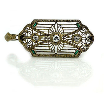 Antique Diamond Emerald Brooch Signed T.C Shop - Vintage Diamond Ring