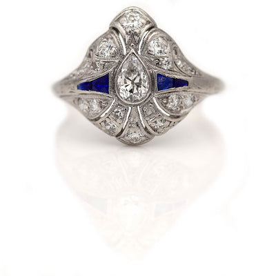 Magnificent Art Deco Old Mine Pear Shaped Diamond & Sapphire Engagement Ring