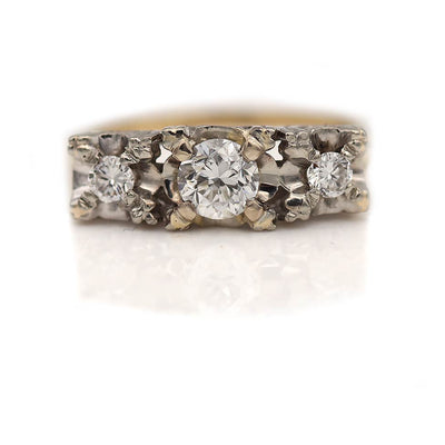 Vintage Two Tone 3 Stone Illusion Set Old European Cut Diamond Engagement Ring