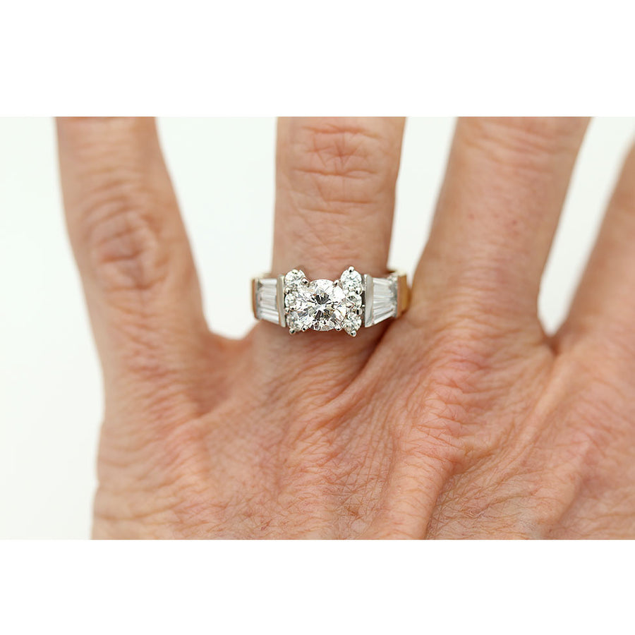 Contemporary GIA 1.84 CTW Two Tone Round Vintage Diamond Engagement ring Side Baguettes