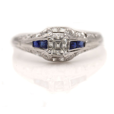 Art Deco Asscher Cut Diamond and Sapphire Engagement Ring
