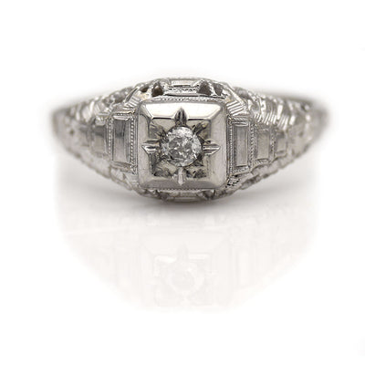 Antique Filigree Old Mine Cut Diamond Engagement Ring Signed "Bluebird"