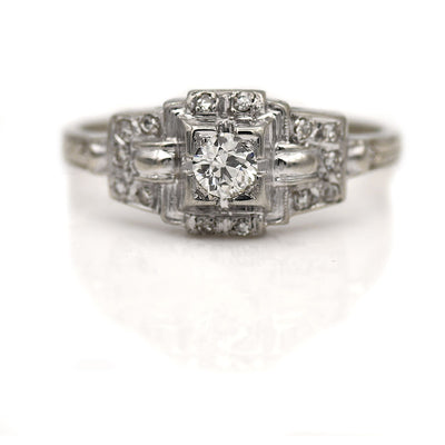 Vintage Filigree Old Mine Cut Diamond Engagement Ring with Side Stones