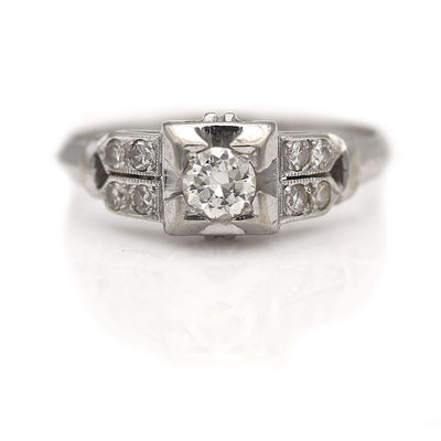 Vintage Old European Cut Diamond Split Shank Engagement Ring with Side Stones
