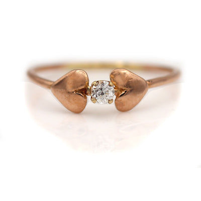 Dainty Old Mine Cut Rose Gold Diamond Engagement Ring with Heart Motif