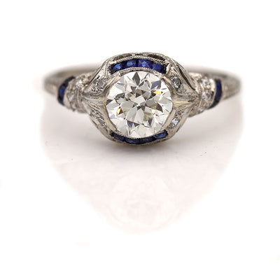 Art Deco Old European Cut Diamond and Sapphire Engagement Ring .97 Ct GIA J/VS1