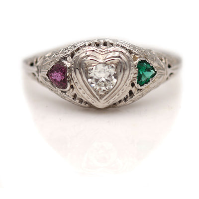 Art Deco Engagement Ring with Ruby and Emerald Heart Side Stones