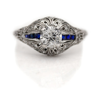 Art Deco Diamond and Sapphire Engagement Ring .70 Ct
