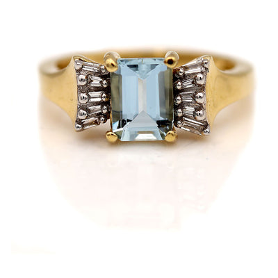 Vintage Rectangular Cut Aquamarine Ring with Baguette Diamonds