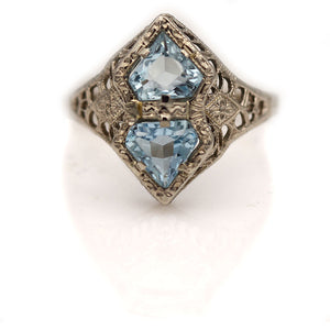 Art Deco 1.00 CTW Two Stone Kite Shape Aquamarine Engagement Ring