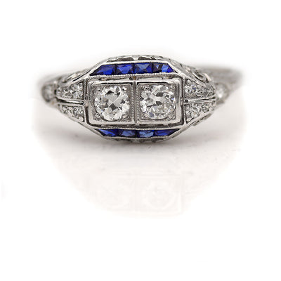 Art Deco Two Stone Old European Cut Diamond and Sapphire Engagement Ring
