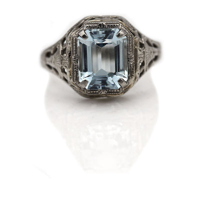 Art Deco Square Cut Aquamarine Engagement Ring