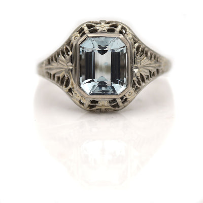 Art Deco Bezel Set Emerald Cut Aquamarine Engagement Ring