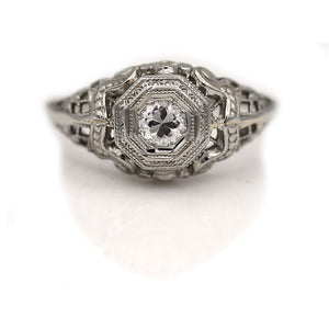 Art Deco .20 CTW Old European Cut Octagonal Diamond Floral Vintage Engagement Ring
