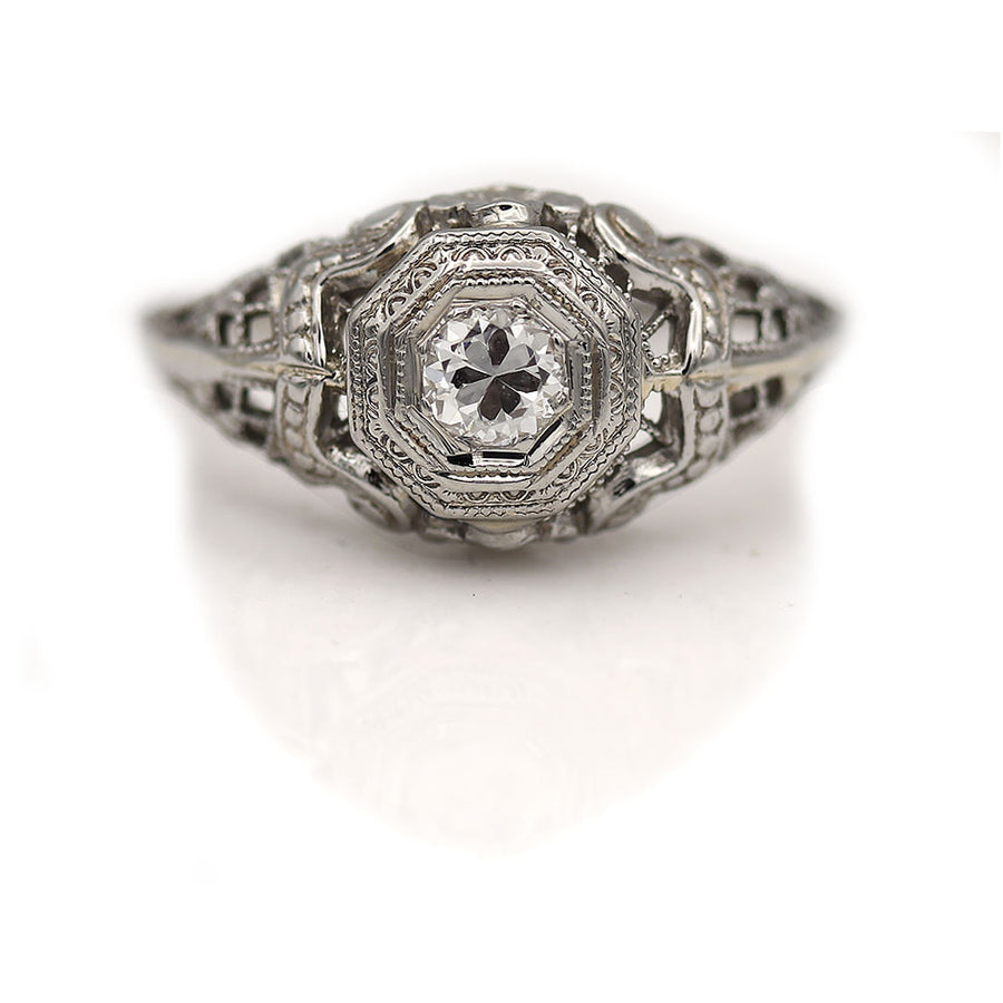 Art Deco .20 CTW Old European Cut Octagonal Diamond Floral Vintage Engagement Ring