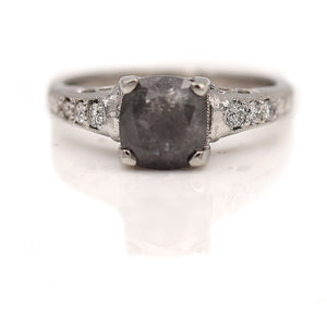 Unique Salt and Pepper Cushion Cut Diamond Ring with Side Diamonds 1.55 Ct