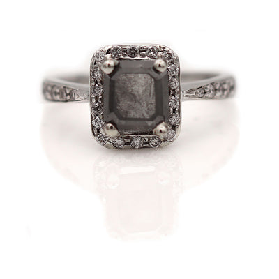 Vintage Square Cut Salt and Pepper Diamond Halo Engagement Ring 2.01 Ct