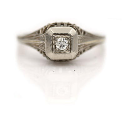 Vintage Geometric Square Filigree Diamond Engagement Ring with Heart Motif