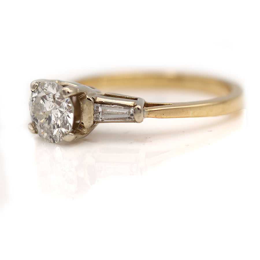 Vintage Round Cut Diamond Engagement Ring with Side Baguette Diamonds 1.08 Ct
