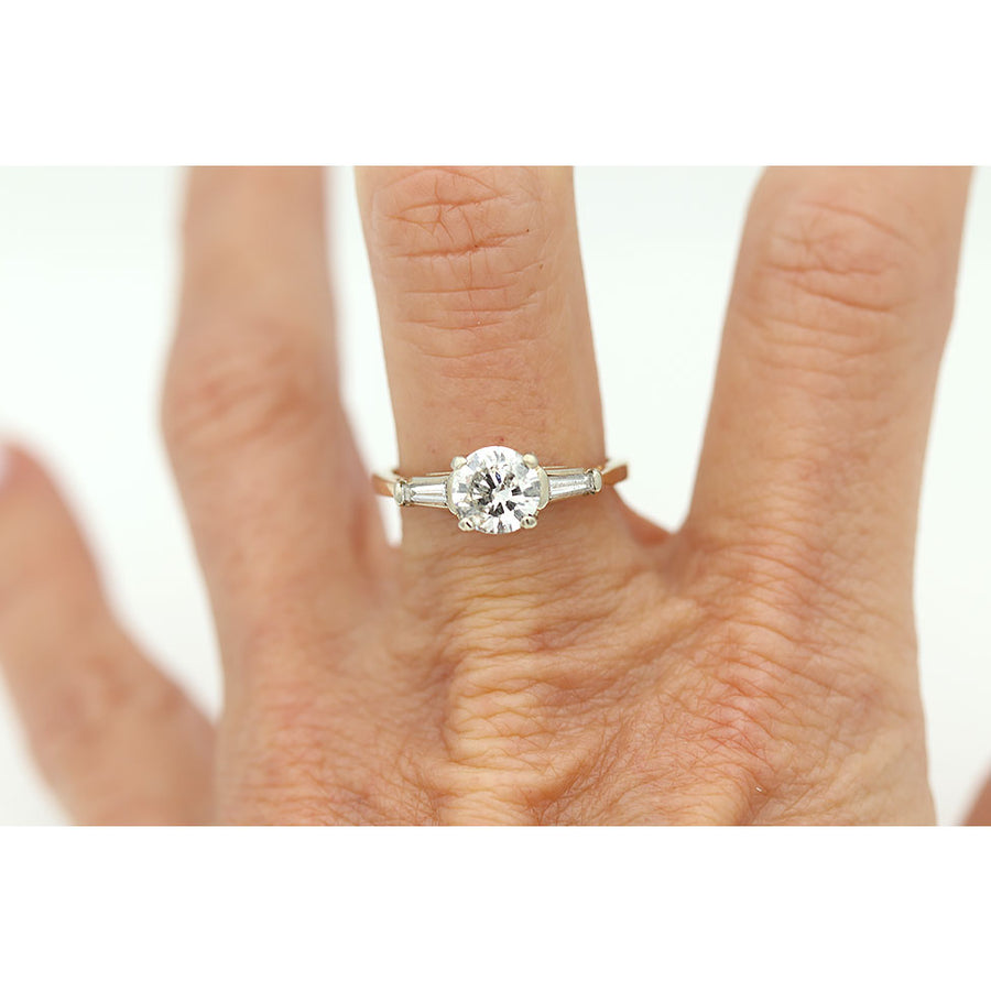 Vintage Round Cut Diamond Engagement Ring with Side Baguette Diamonds 1.08 Ct