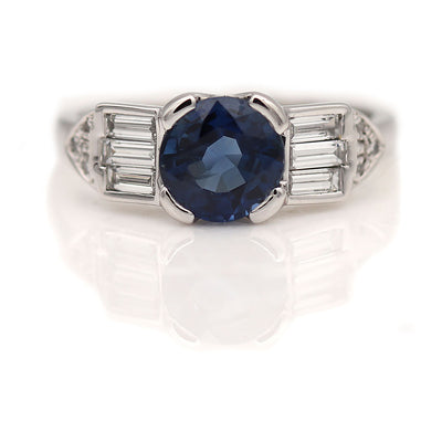 Vintage Style Sapphire and Baguette Diamond Engagement Ring 1.71 Ct