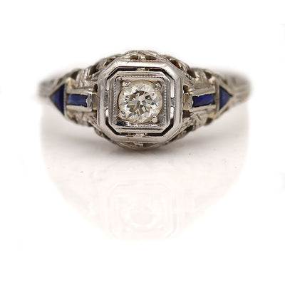 Art Deco Old European Cut Engagement Ring with Sapphire Side Stones