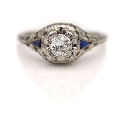 Intricate Art Deco Old Mine Cut Diamond and Sapphire Engagement Ring .48 Ct GIA J/VS1