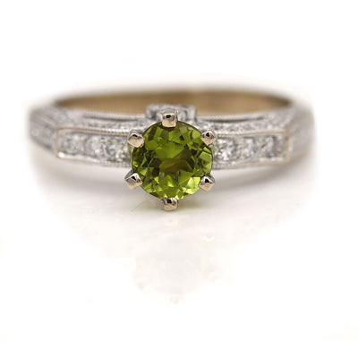 Estate Vintage Style Peridot and Pave Set Diamond Engagement Ring