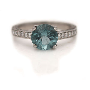Estate 1.86 CTW Vintage Round Cut Diamond Platinum Aquamarine Engagement Ring