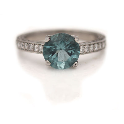 Estate 1.05 Carat Vintage Round Cut Aquamarine & Diamond Engagement Ring