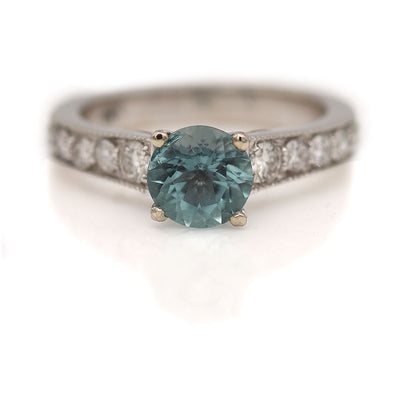 Vintage Round Cut Aquamarine and Diamond Engagement Ring 1.05 Ct