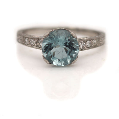 1.40 Ct Round Cut Aquamarine Engagement Ring with Diamond Accents