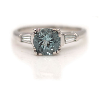 Vintage Three Stone Aquamarine Engagement Ring with Side Baguettes