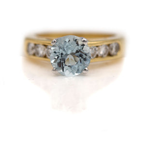 Estate Round Cut Aquamarine Ring Platinum & 18 Kt Yellow Gold 2.00 Ct