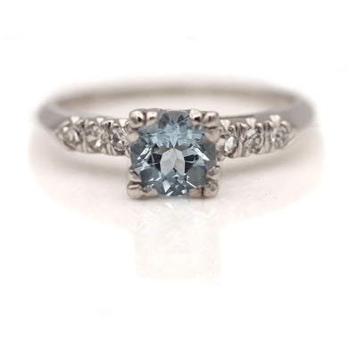 Vintage Trefoil Prong Aquamarine Engagement Ring with Side Stones