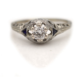 Antique Three Stone Old Mine Cut Diamond Engagement Ring with Sapphire Side Stones